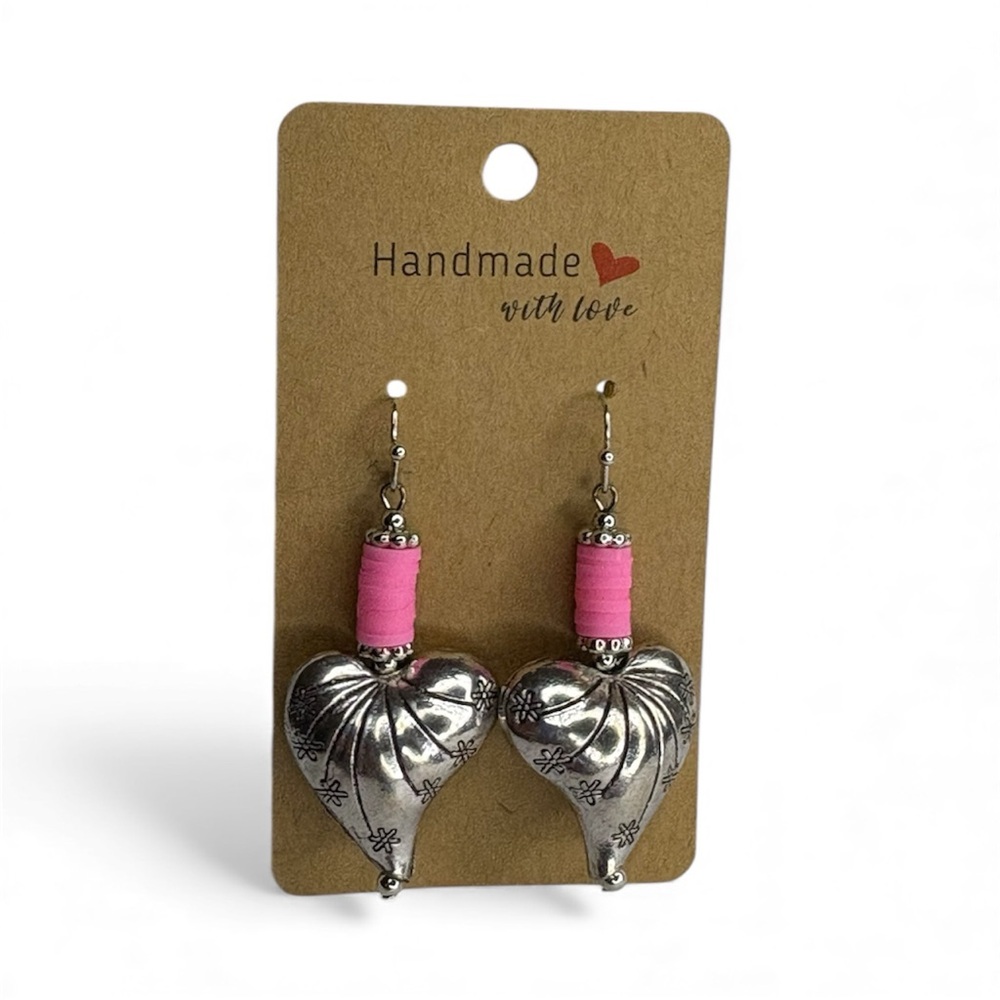Handmade Silver and Pink Heart Earrings